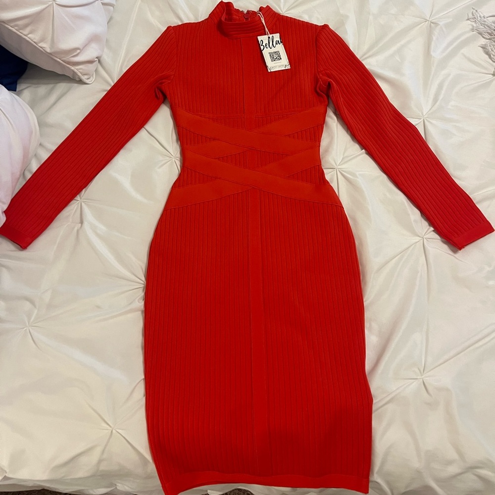 ribbed turtleneck long sleeve midi dress